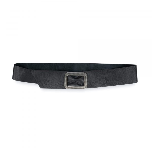 Womens High Waist Belt With Silver Buckle Black Real Leather 1