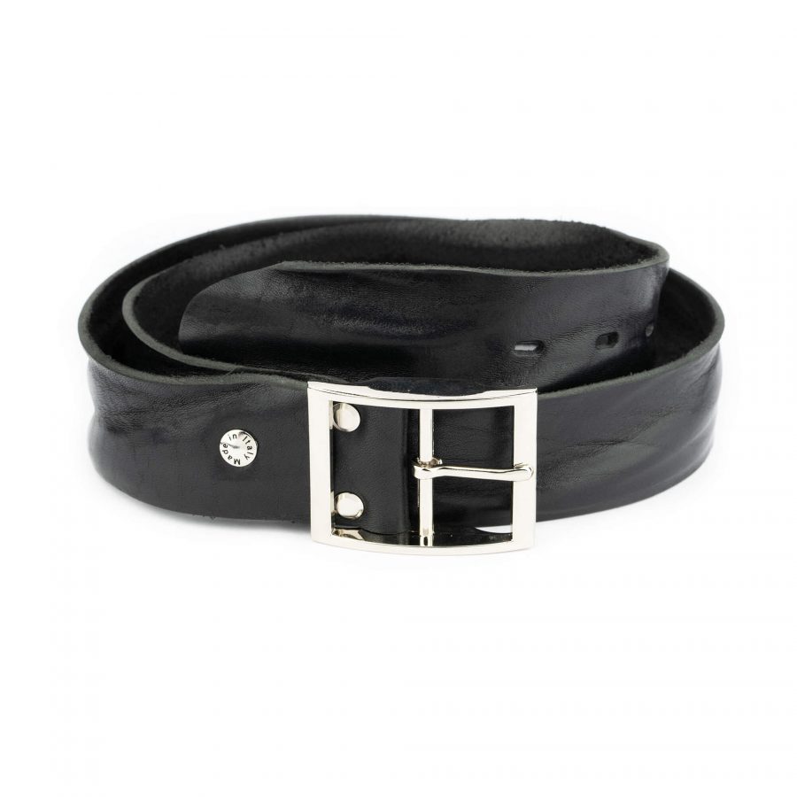 black leather belt for jeans with silver center bar buckle 1