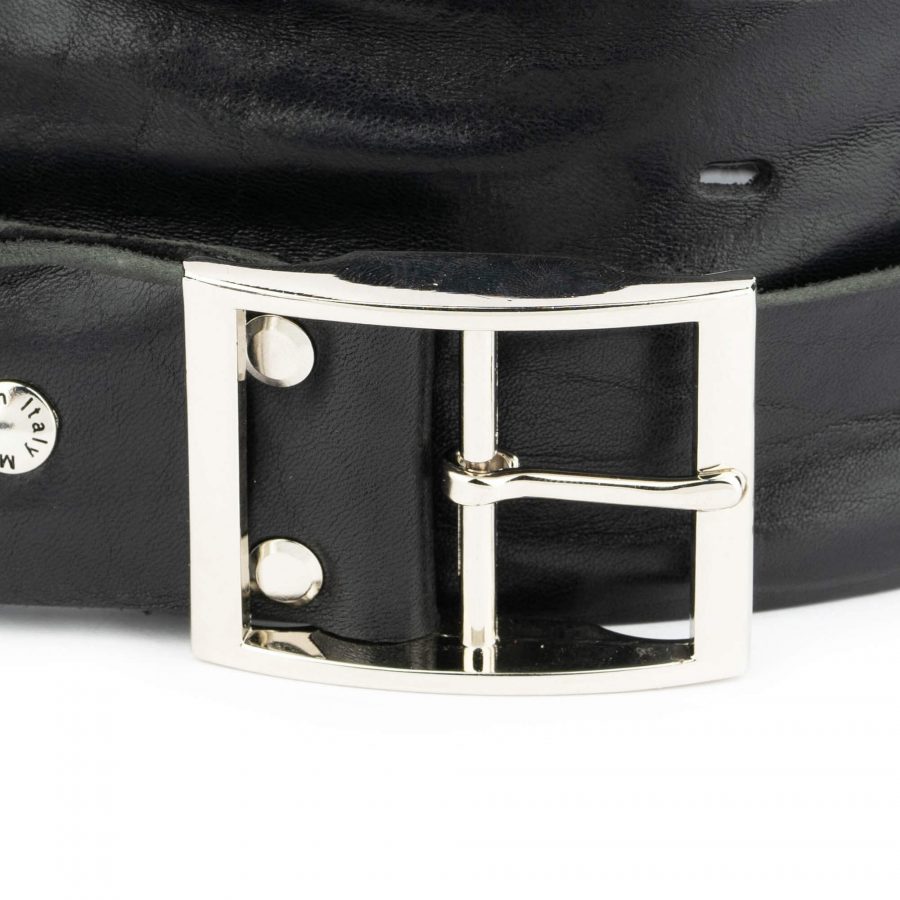 black leather belt for jeans with silver center bar buckle 10