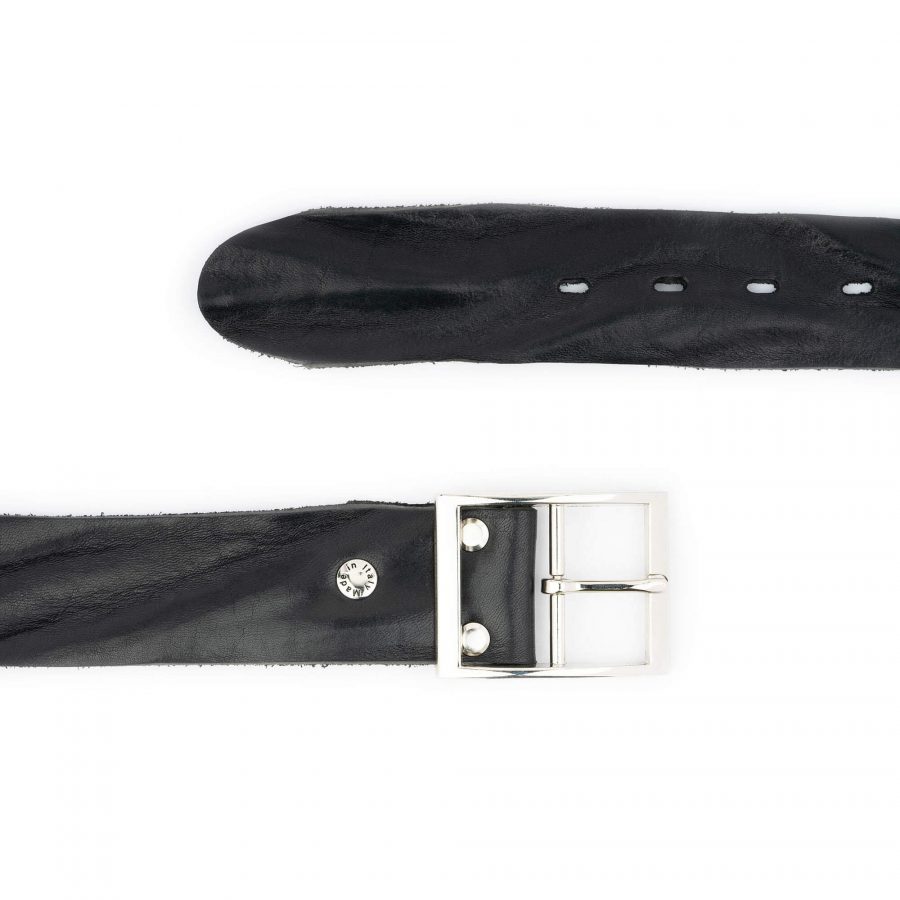 black leather belt for jeans with silver center bar buckle 3