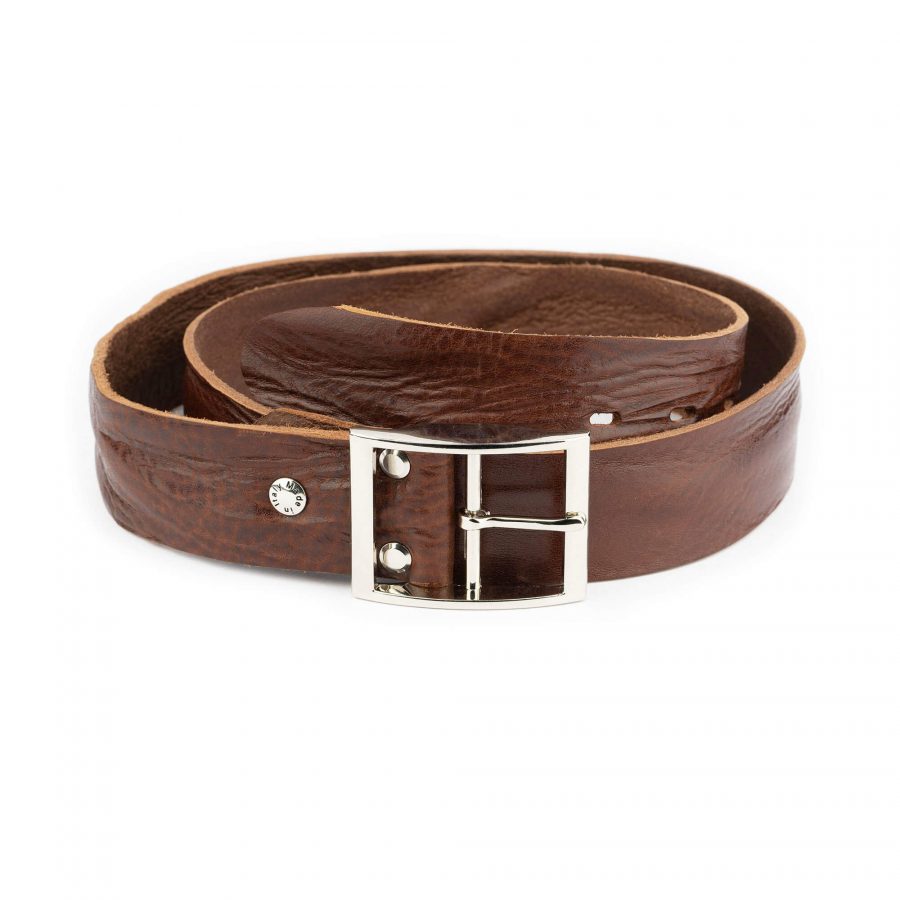 brown leather belt for jeans with silver center bar buckle 1