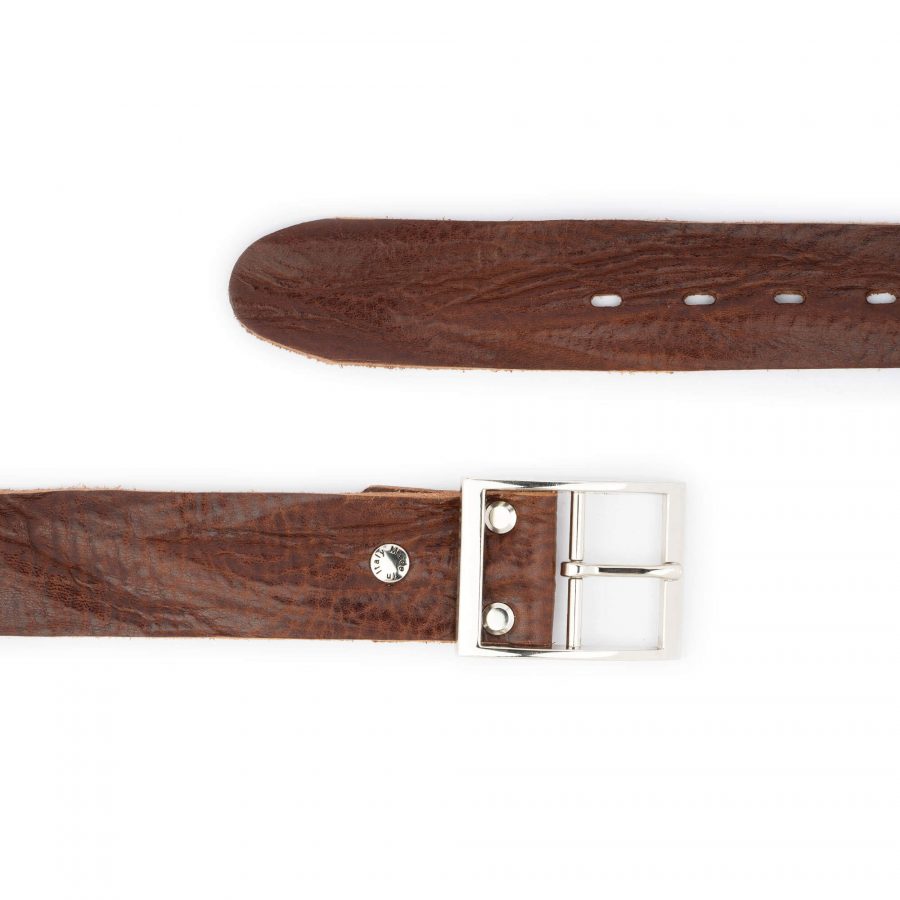 brown leather belt for jeans with silver center bar buckle 3