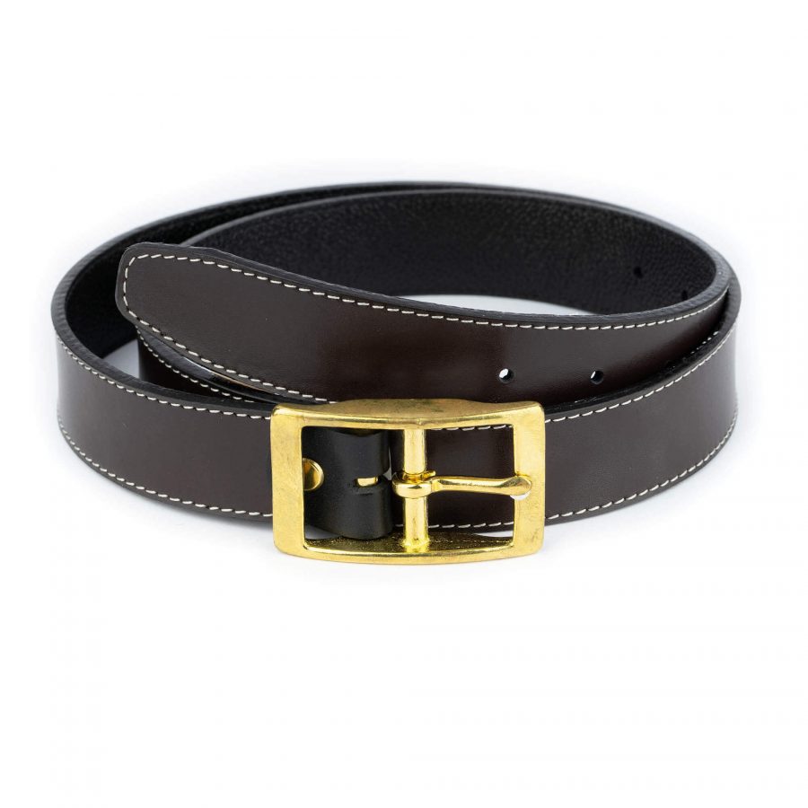 dark brown real leather belt with brass buckle 32 mm 1