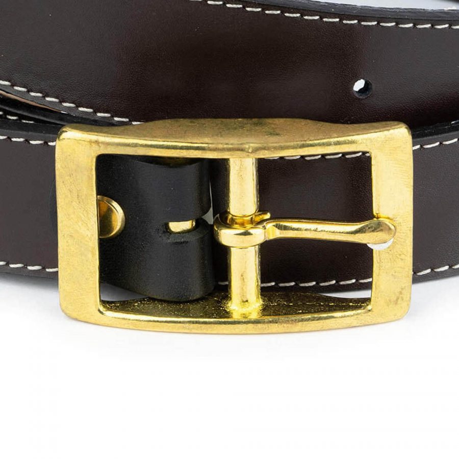 dark brown real leather belt with brass buckle 32 mm 2