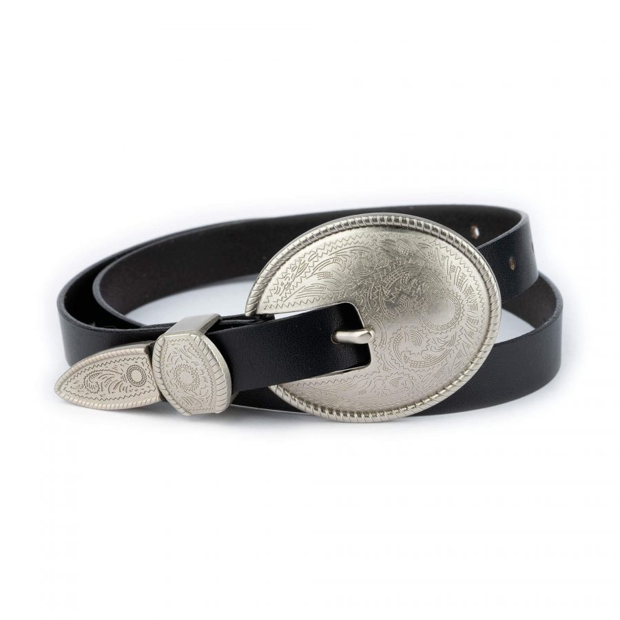 western belts for women black leather with silver buckle 1