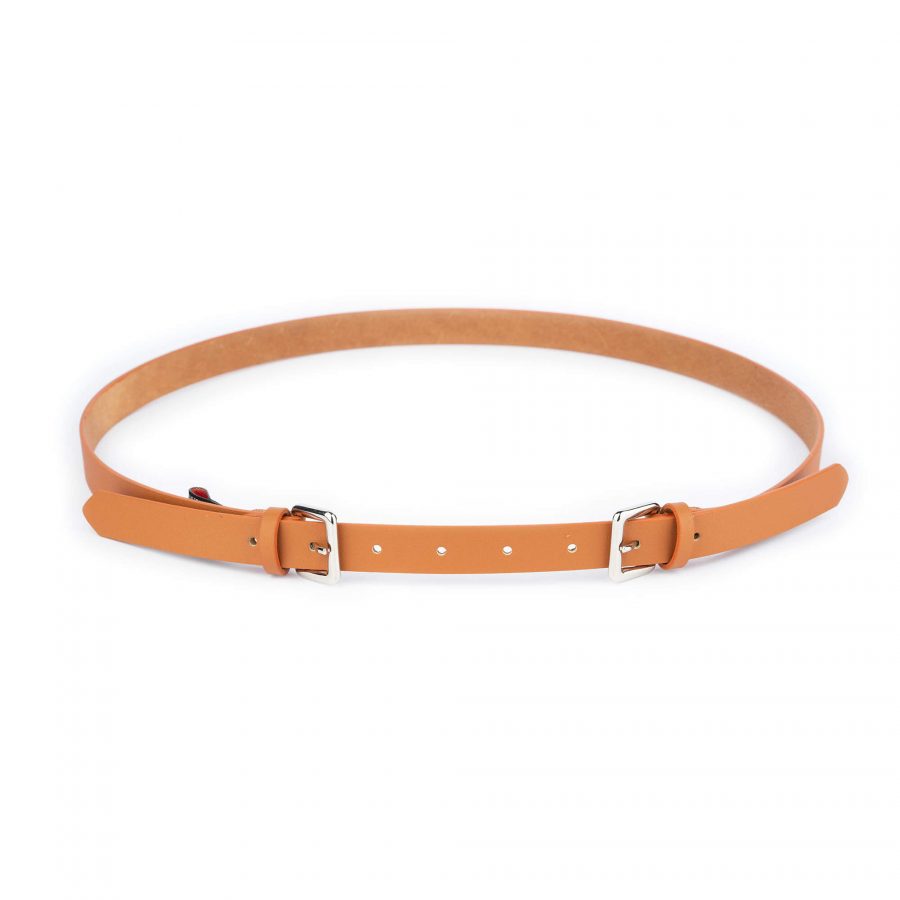 tan double buckle belt for women real leather 2 0 cm 1