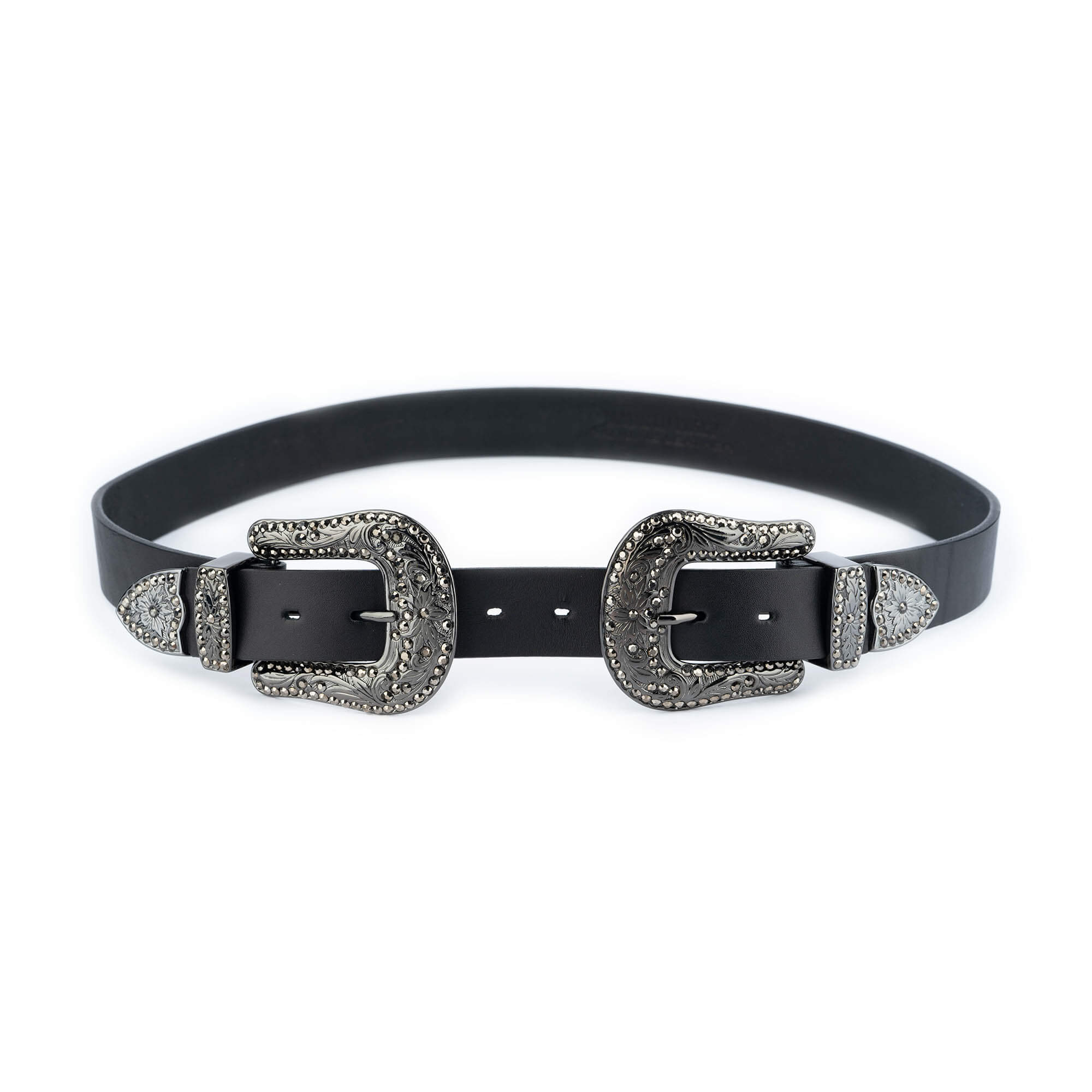 Women's Western Double Buckle Belt | Black Rhinestones 3.5 cm 38'' / 95 cm - Black | Capo Pelle