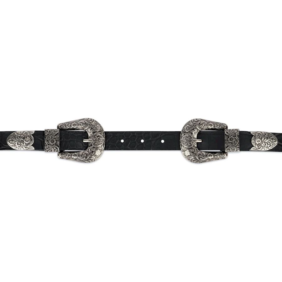 Western Double Buckle Belt For Women Black Croco Leather 2
