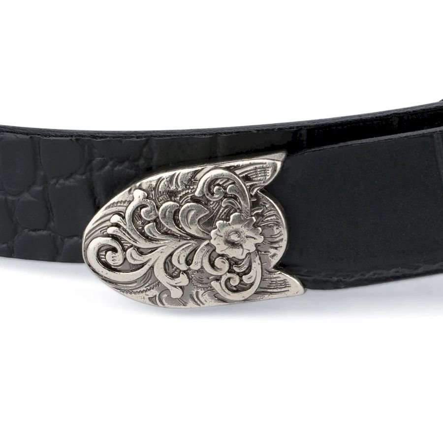 Western Double Buckle Belt For Women Black Croco Leather 7