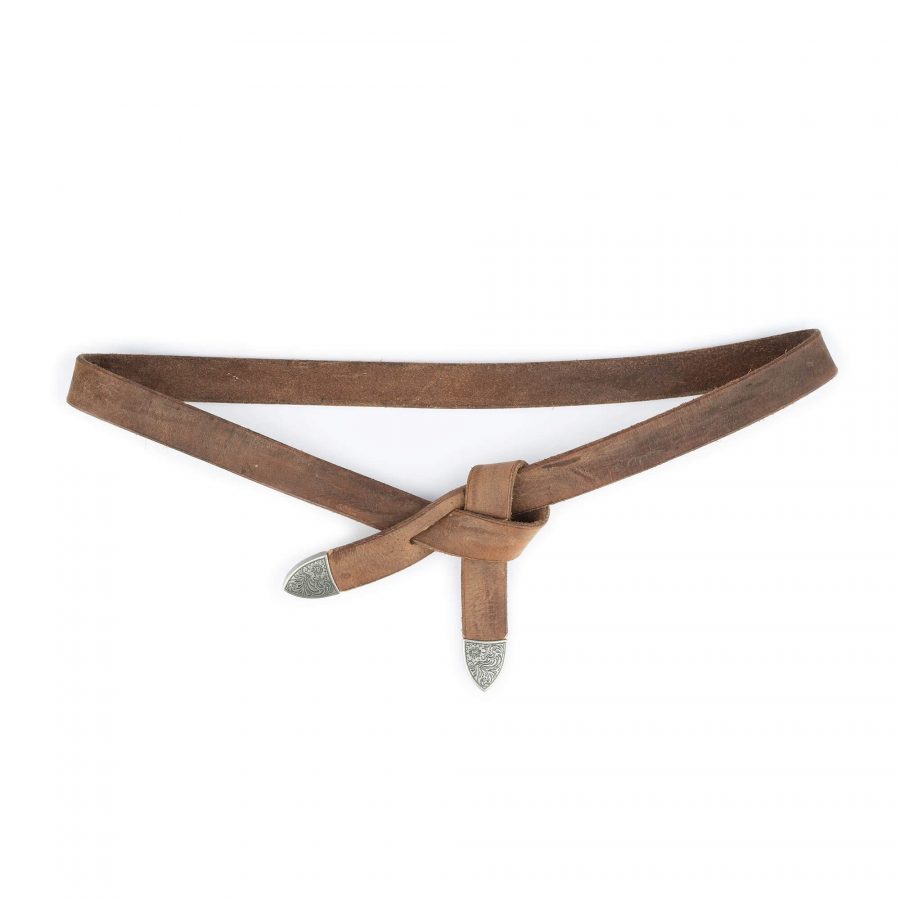 Western Tie Leather Belt Tan Brown With Silver Tips 4