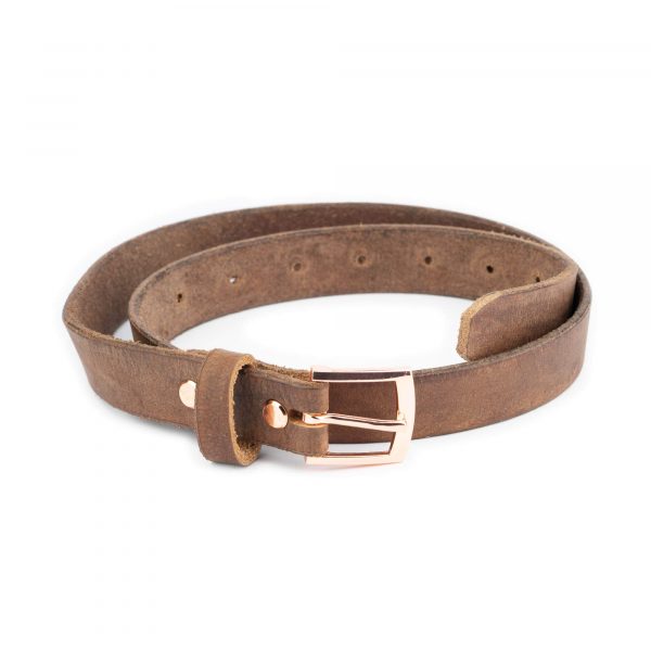 brown handmade leather belt with rose gold buckle 1