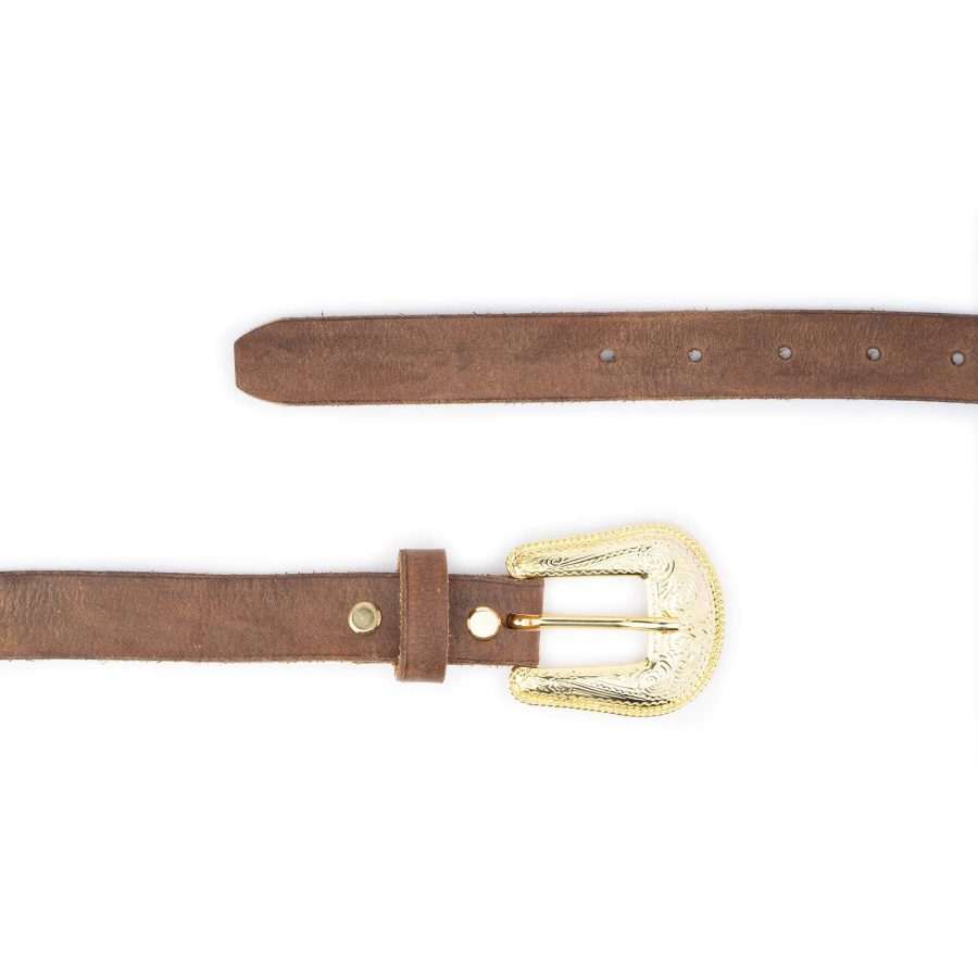 brown handmade western belt with gold buckle 2
