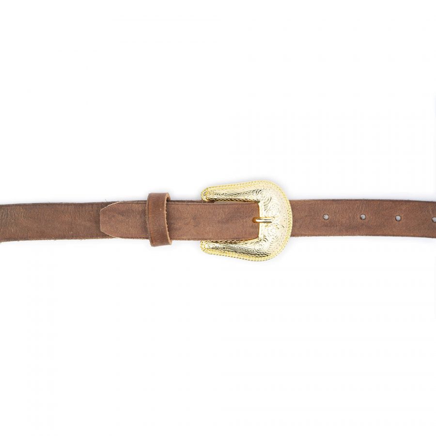 brown handmade western belt with gold buckle 3