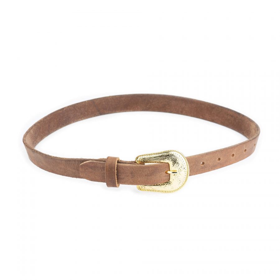 brown handmade western belt with gold buckle 4
