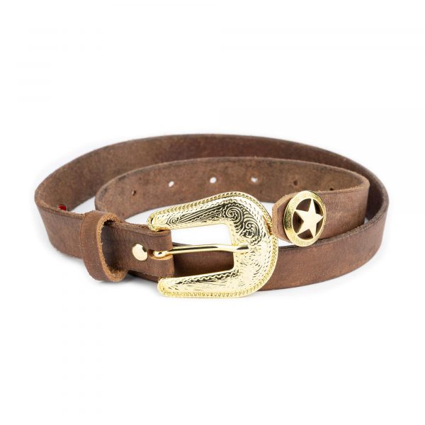 brown leather ranger belt with gold buckle star 1