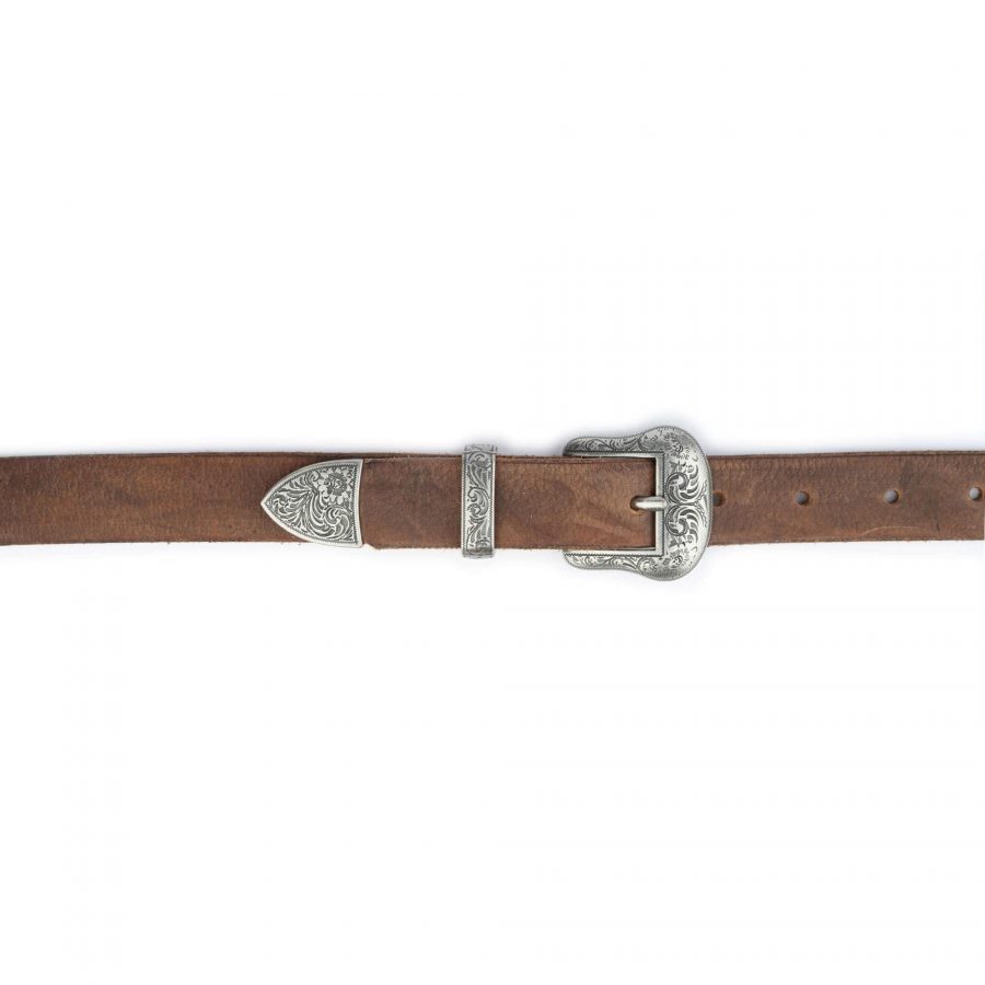 tan leather western belt with silver buckle 3