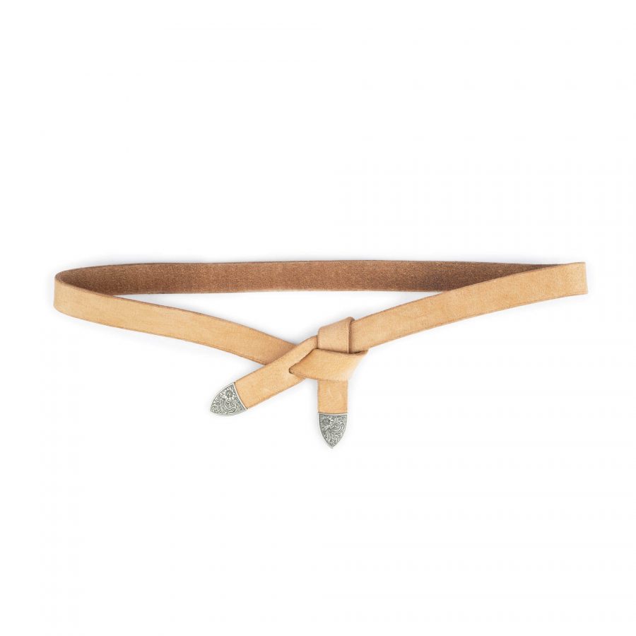 western tie leather belt natural with silver tips 1