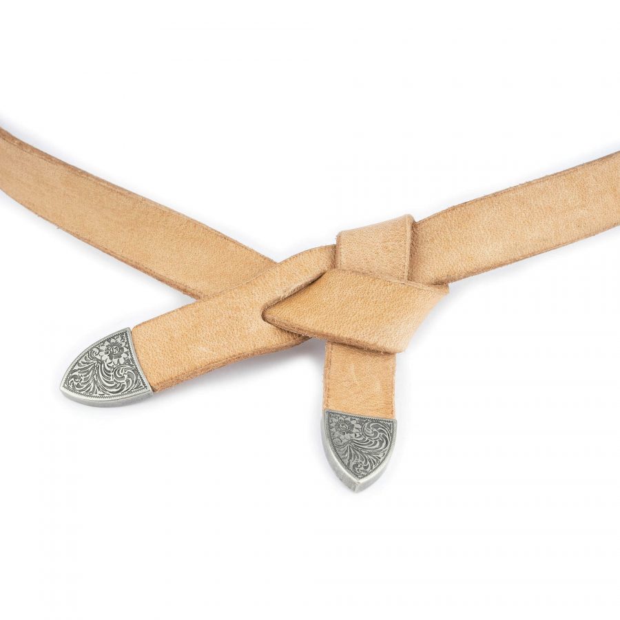 western tie leather belt natural with silver tips 2