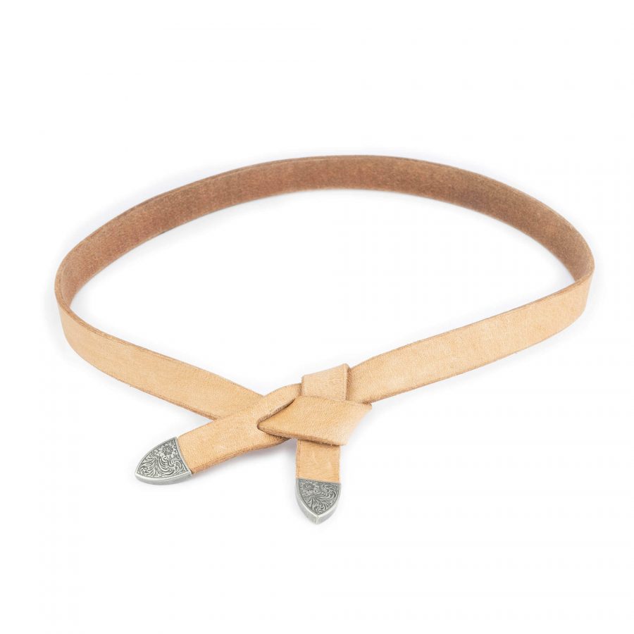 western tie leather belt natural with silver tips 3