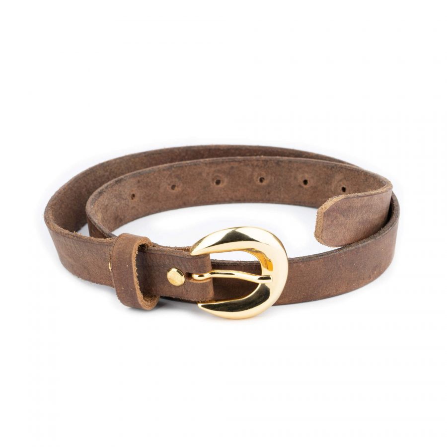 womens brown belt with gold buckle veg tan leather 1