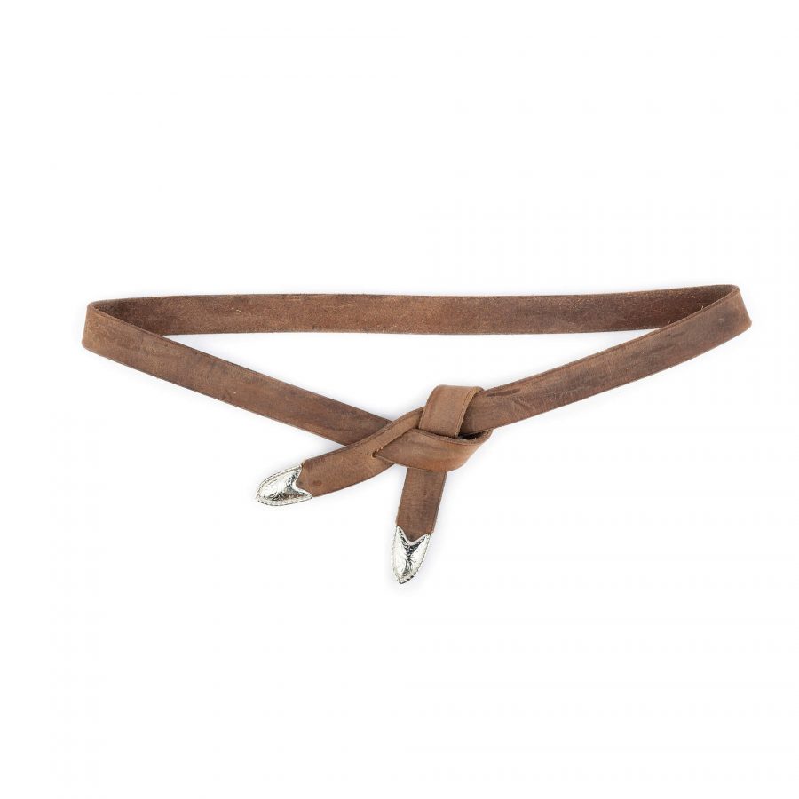 Western Tie Leather Belt Brown Tan With Silver Nickel Tips 1