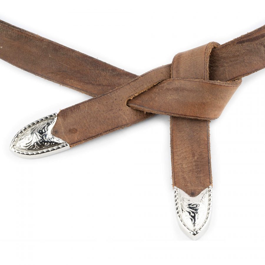 Western Tie Leather Belt Brown Tan With Silver Nickel Tips 3