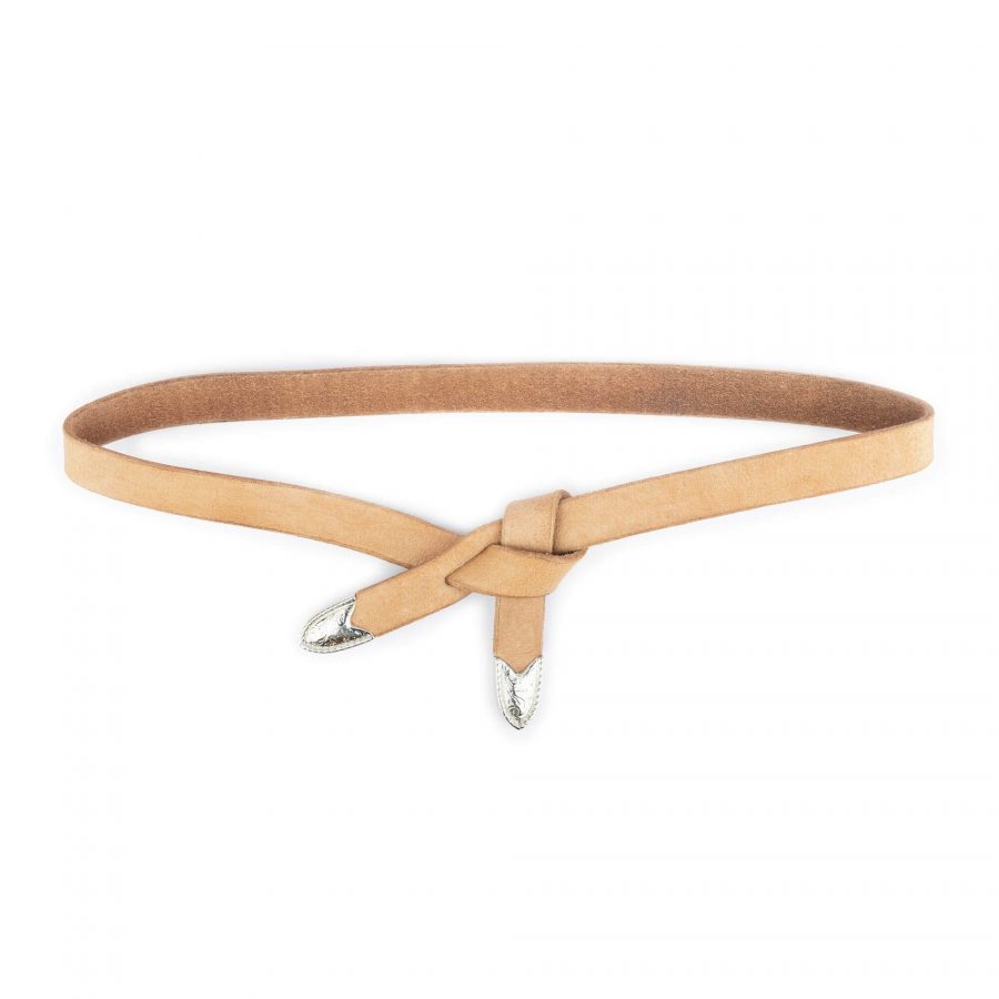 Western Tie Leather Belt Natural Full Grain With Silver Tips 1