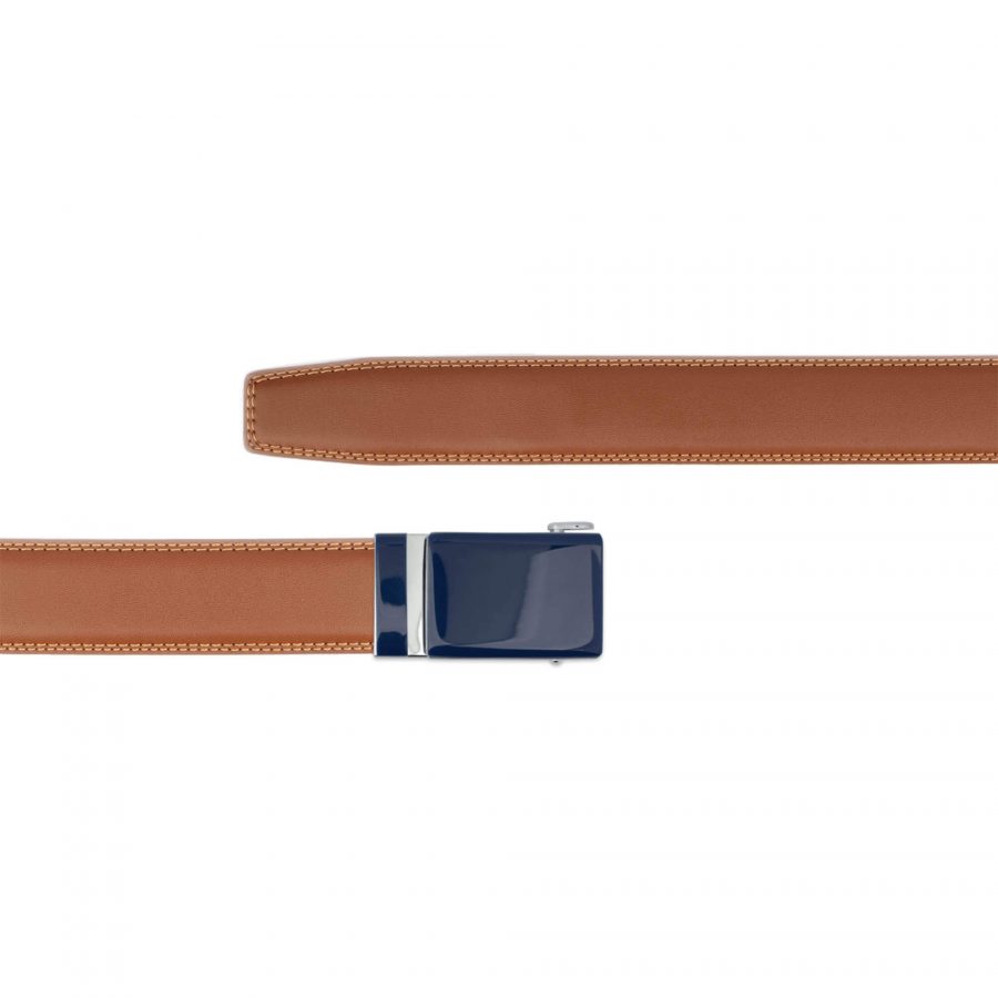ratchet vegan leather belt with blue buckle