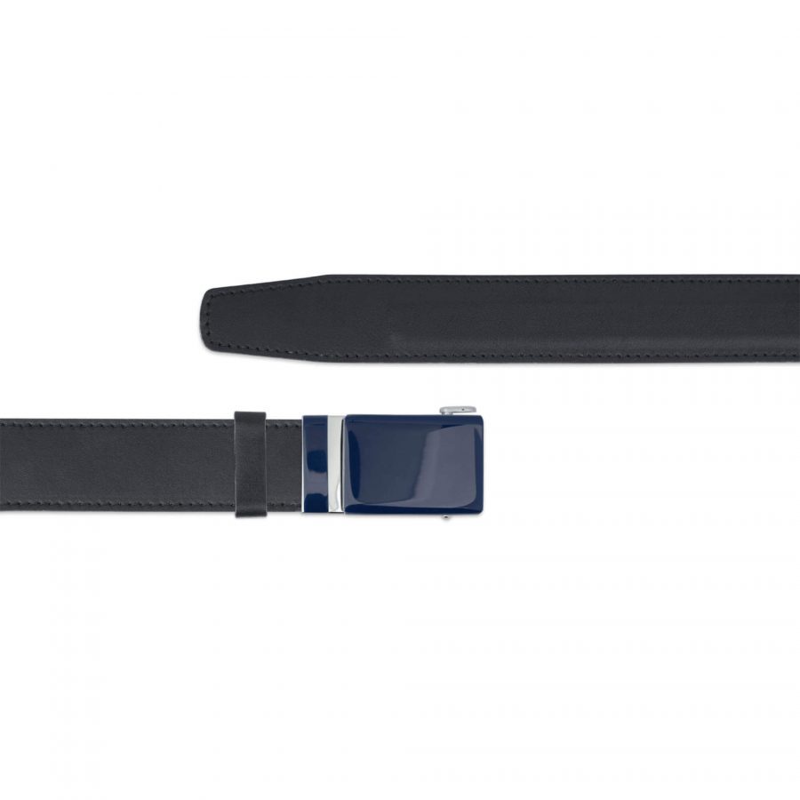 black mens ratchet belt with blue buckle