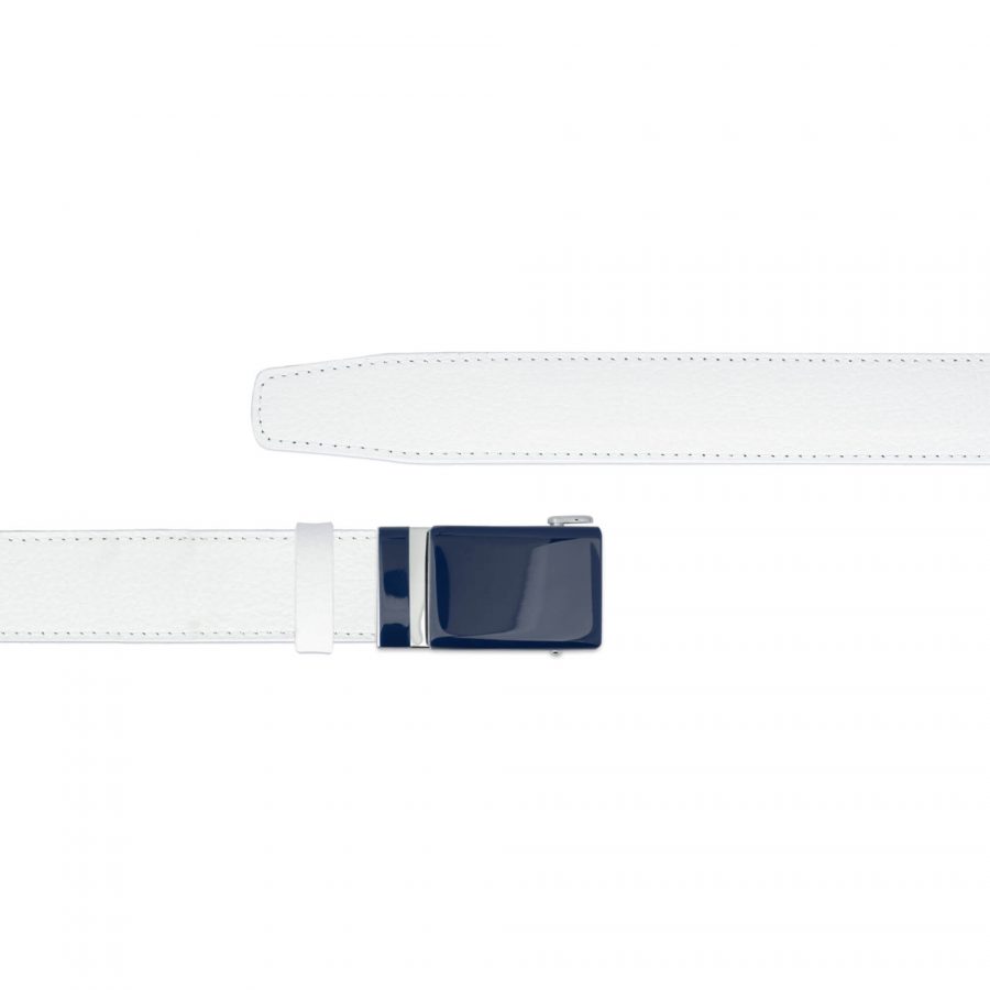 white ratchet mens belt with blue buckle copy