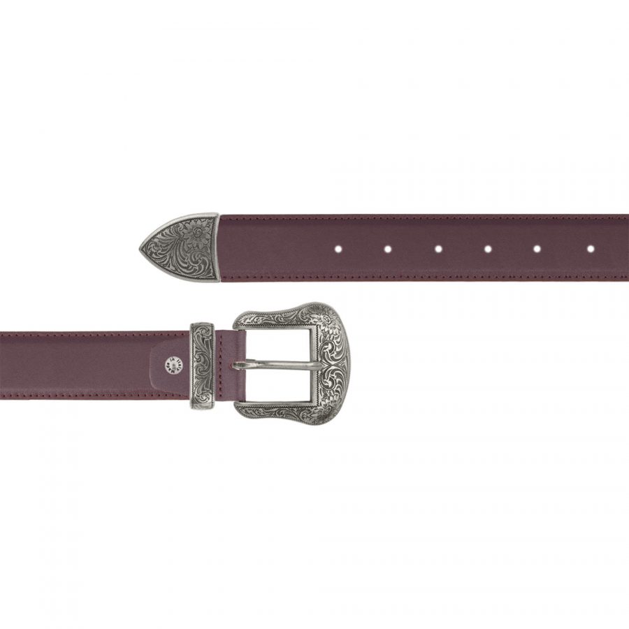Burgundy leather cowboy belt with silver buckle 1