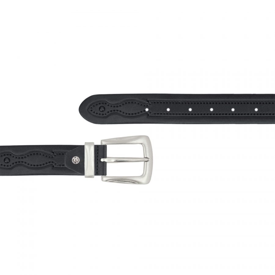 Casual black tooled leather belt with metal buckle 1