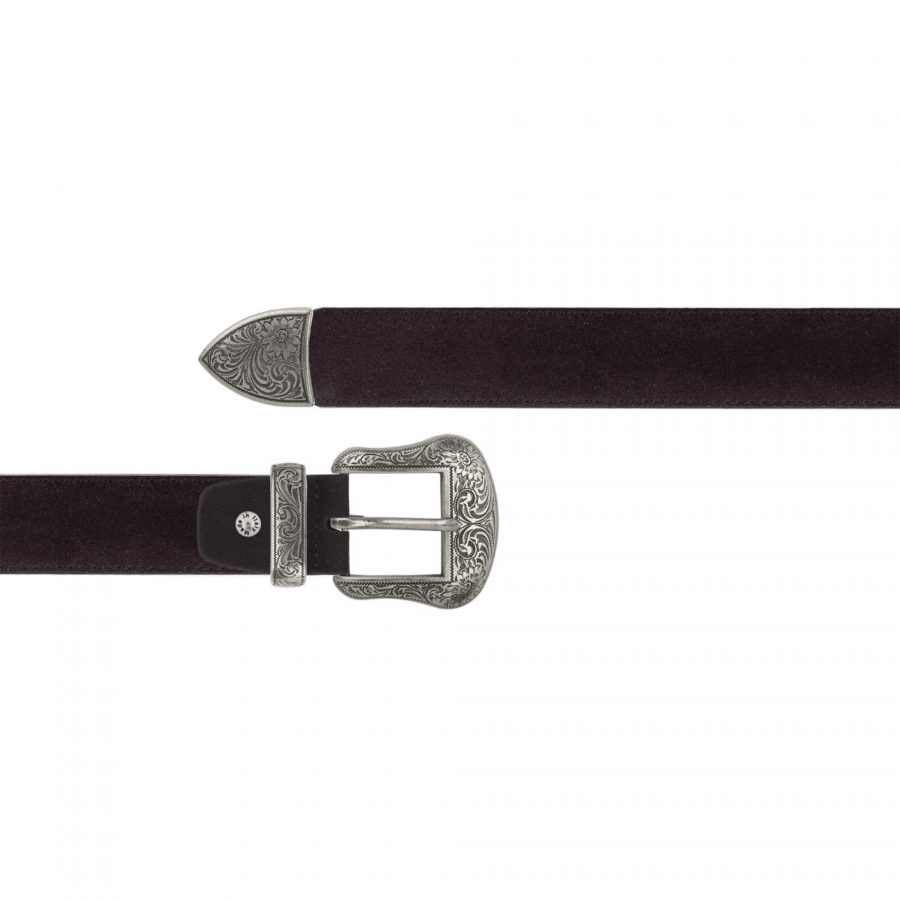 Dark brown suede cowboy belt with silver buckle 1