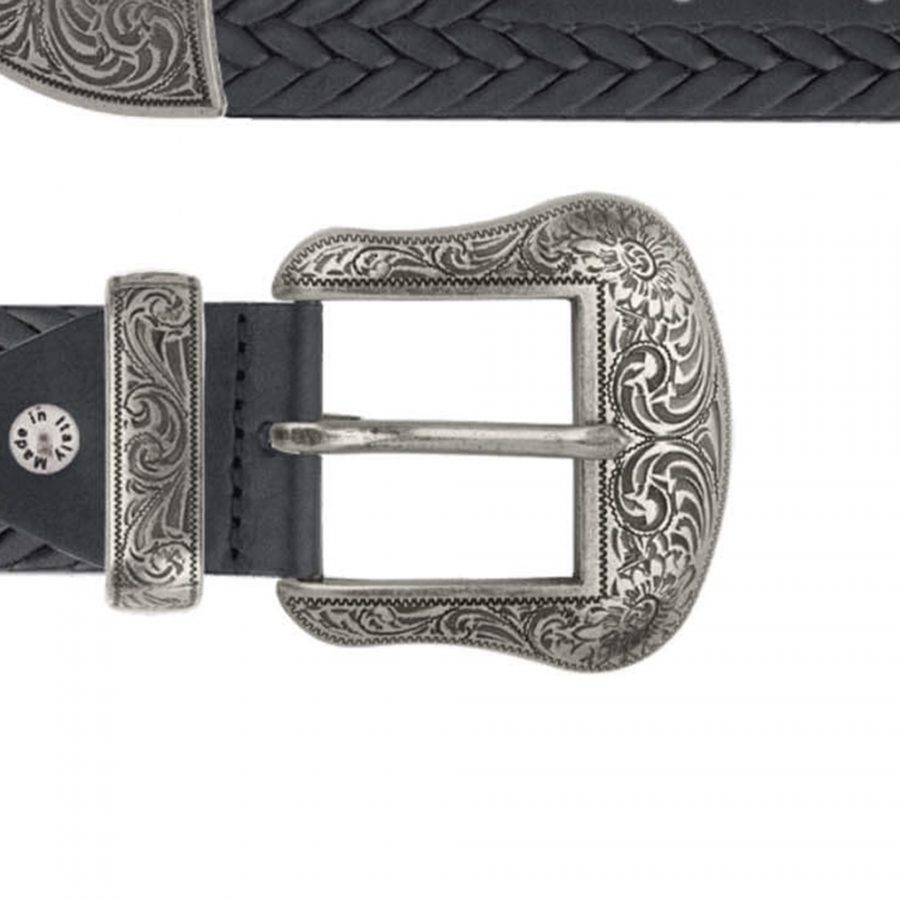black embossed mens ranger belt with silver buckle copy