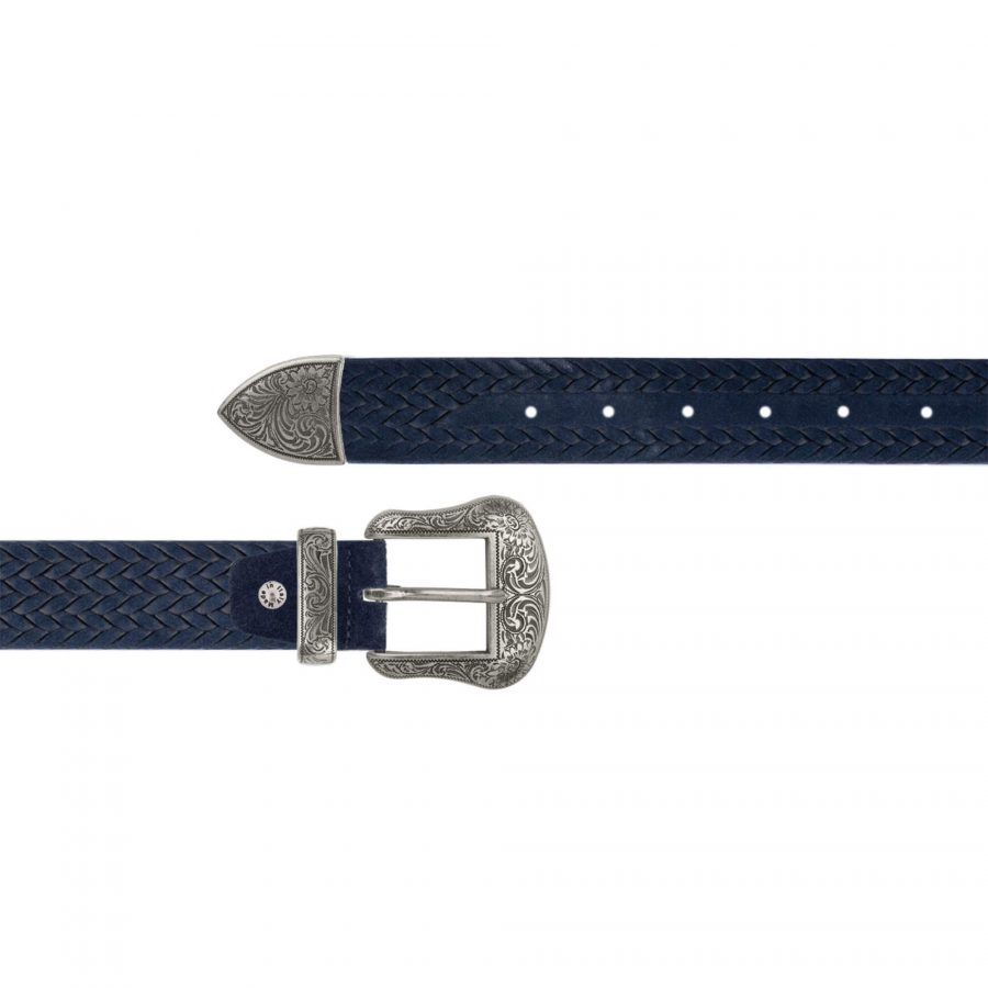 blue suede embossed western belt with metal buckle 1
