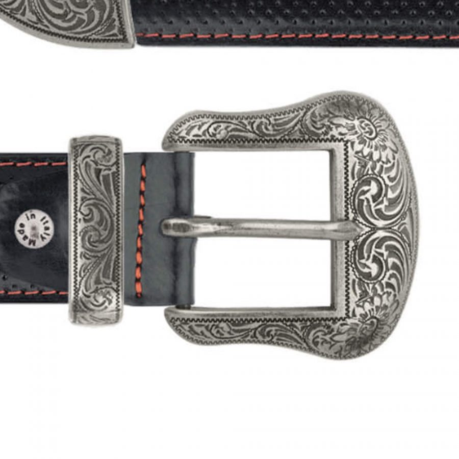 mens golf western belt black perforated leather with red copy