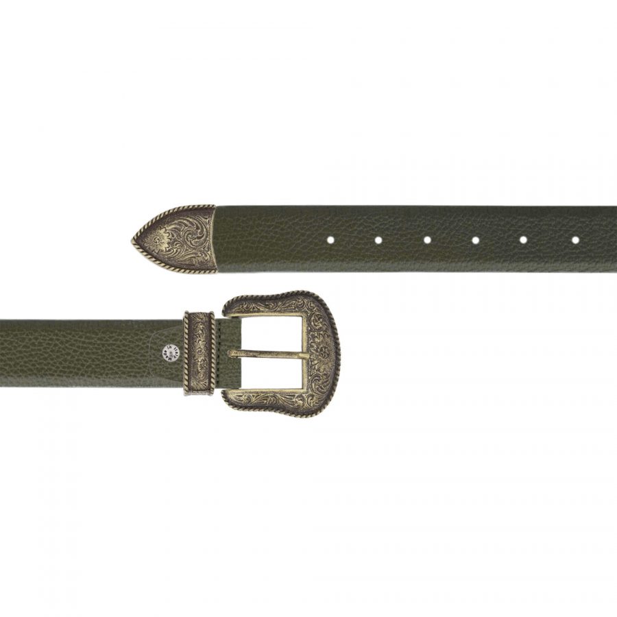 olive green cowboy belt with antique gold buckle 1
