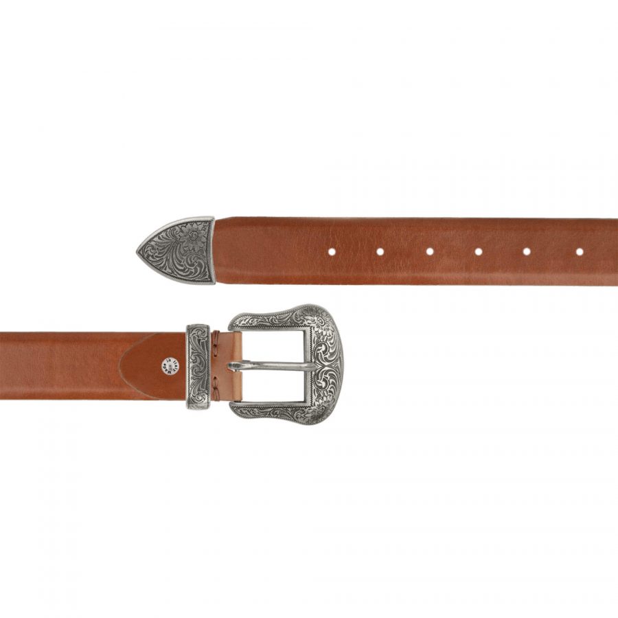 tan brown leather western belt with silver buckle 1