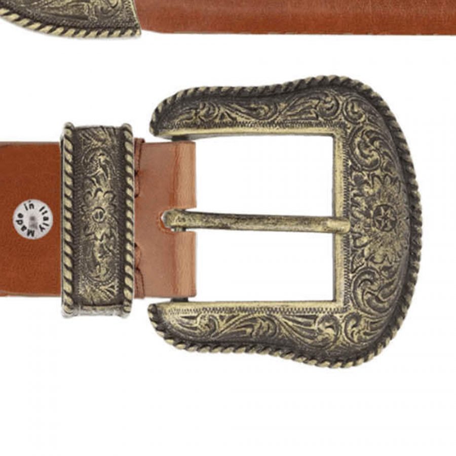 western cowboy tan leather belt with bronze buckle copy