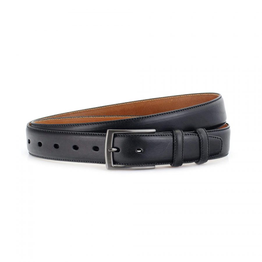 mens black leather dress belt stitched 3 5 cm 1
