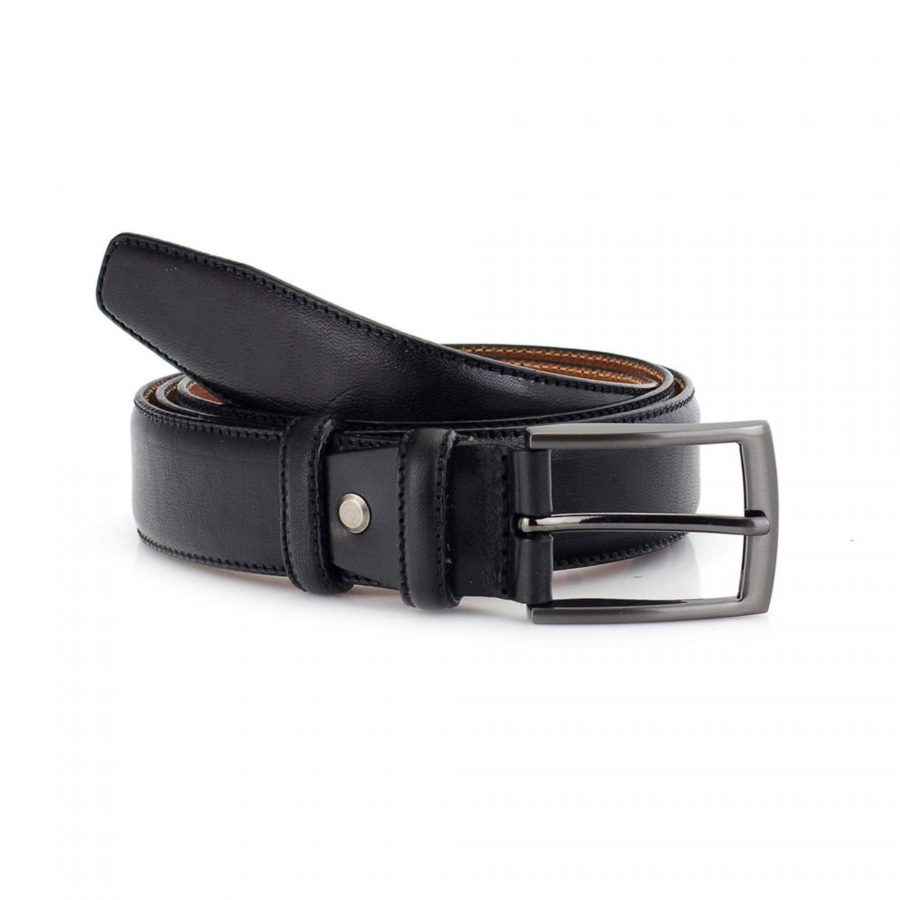 mens black leather dress belt stitched 3 5 cm 2