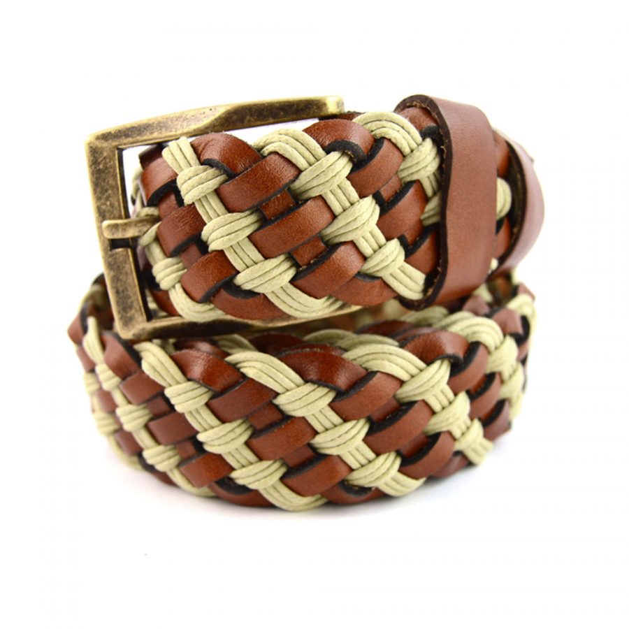 cognac brown beige braided chino belt for men 351012 1