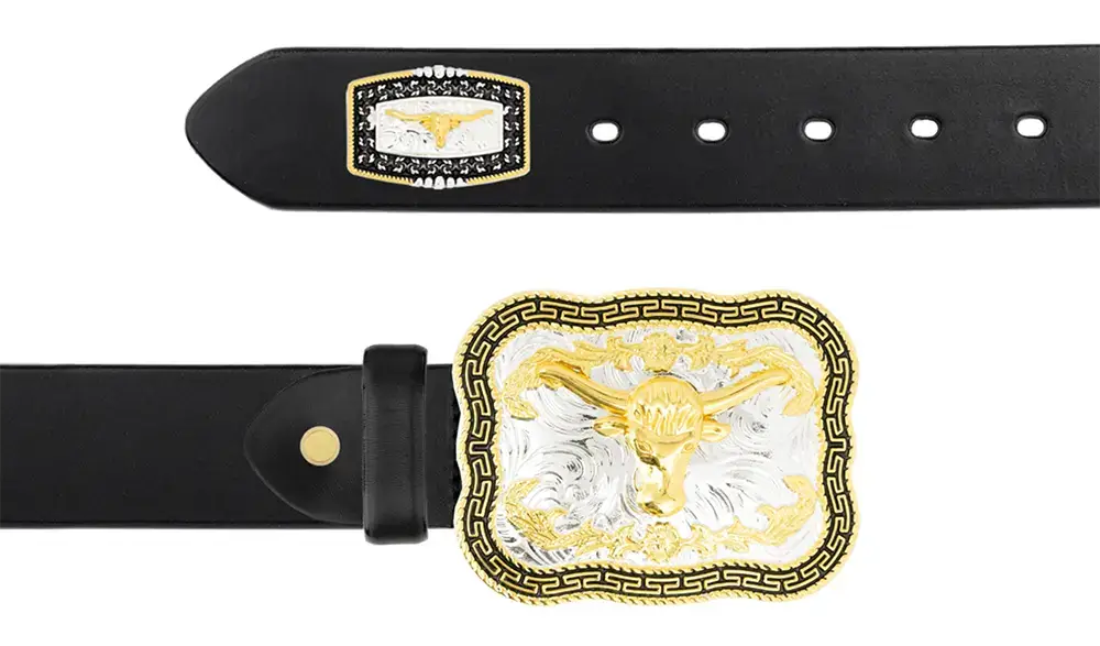 Black longhorn buckle belt with gold concho