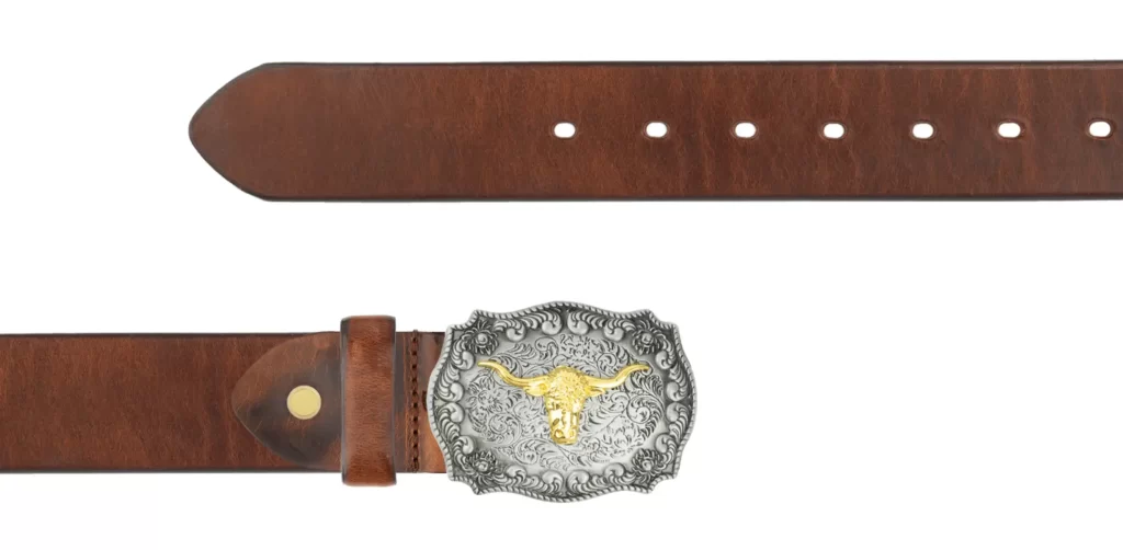 Brown longhorn buckle belt with silver gold buckle